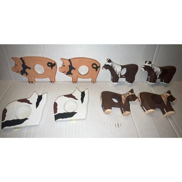 VINTAGE 8 Wooden Napkin Rings Rustic Farm Animals 3" hand painted Cat, pig,horse - Picture 8 of 8